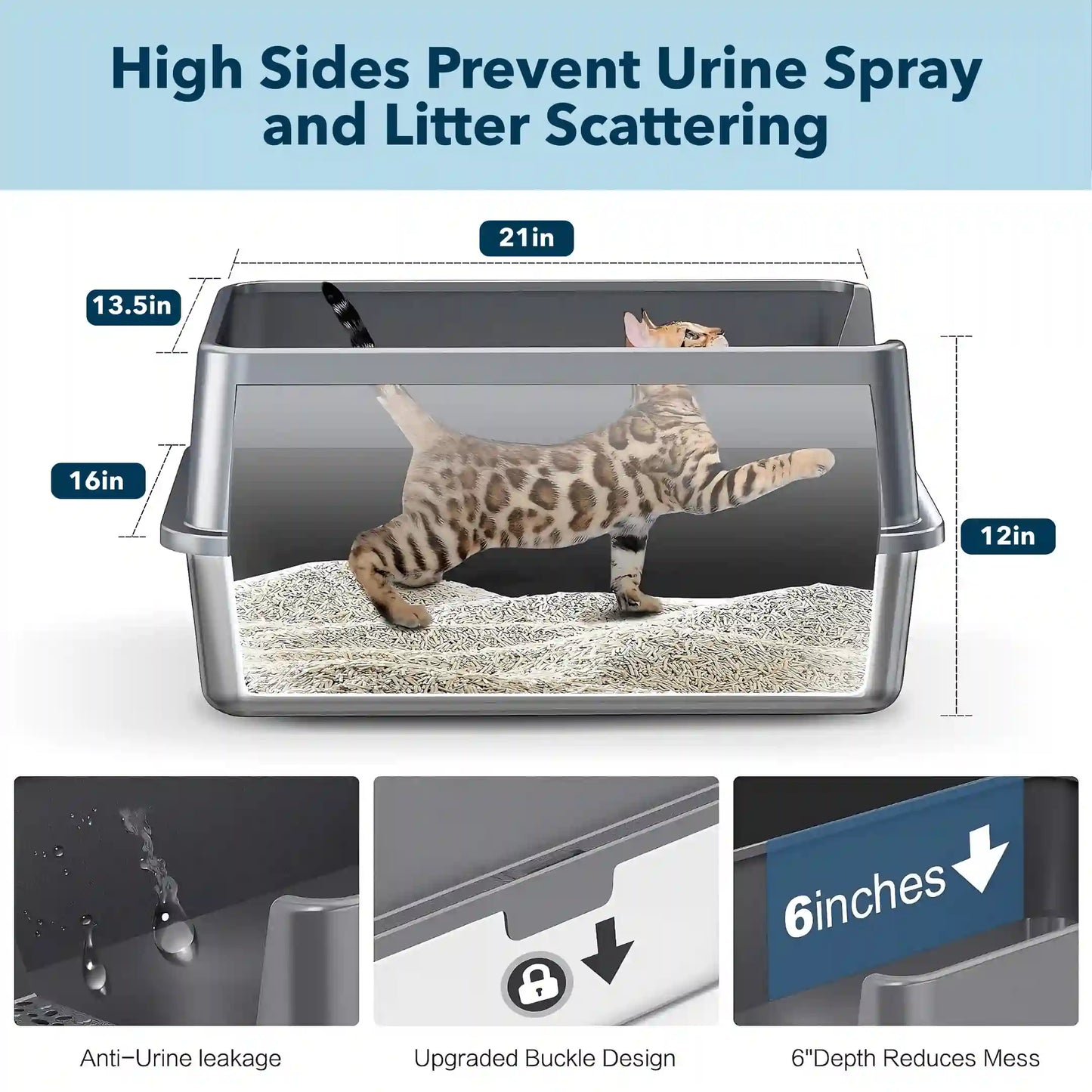 XXL Stainless Steel Cat Litter Box with Lid – High Sides, Low Entry, Easy to Clean, Odor-Free, Anti-Leak | Buy 2 & Save $10